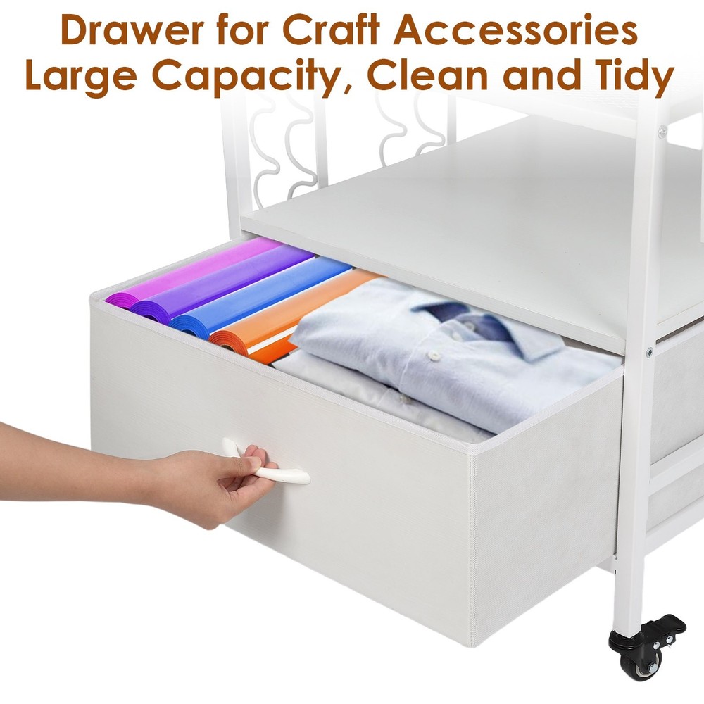 Movable Heat Press Table - 3 Tier Rolling Craft Table with Charging Station