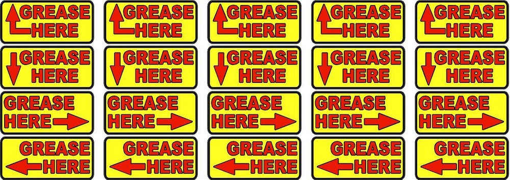 GREASE HERE (ARROW) Label sticker decals - 20 decals per package - Red or Yellow