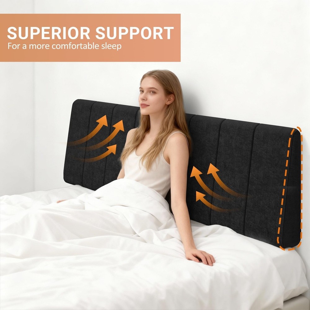 King Size Upholstered Headboard Black Linen Thick Modern Bed