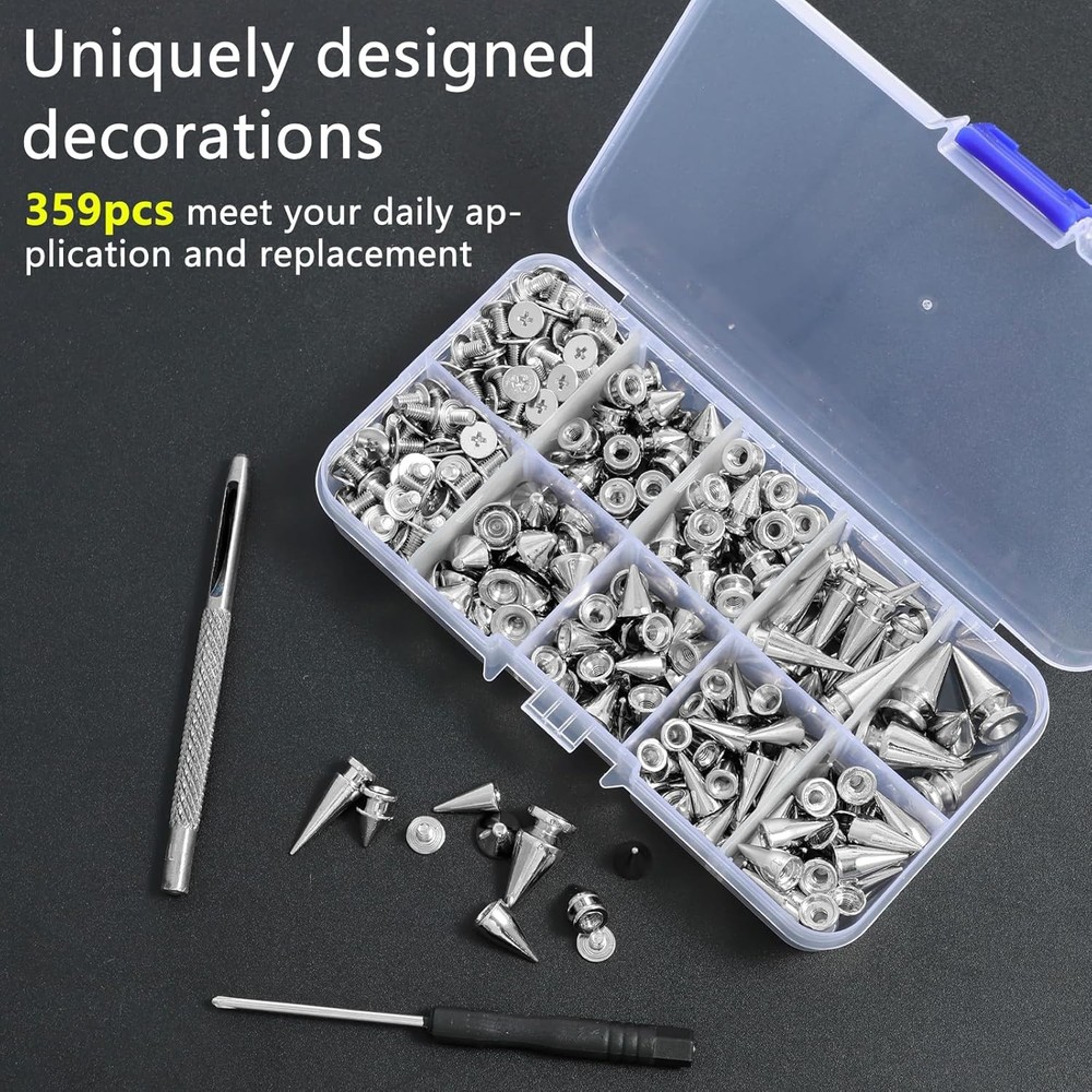 OKYMOTOR 359 PCS Punk Spikes and Studs Kit, 8 Sizes Cone Silver 359PCS