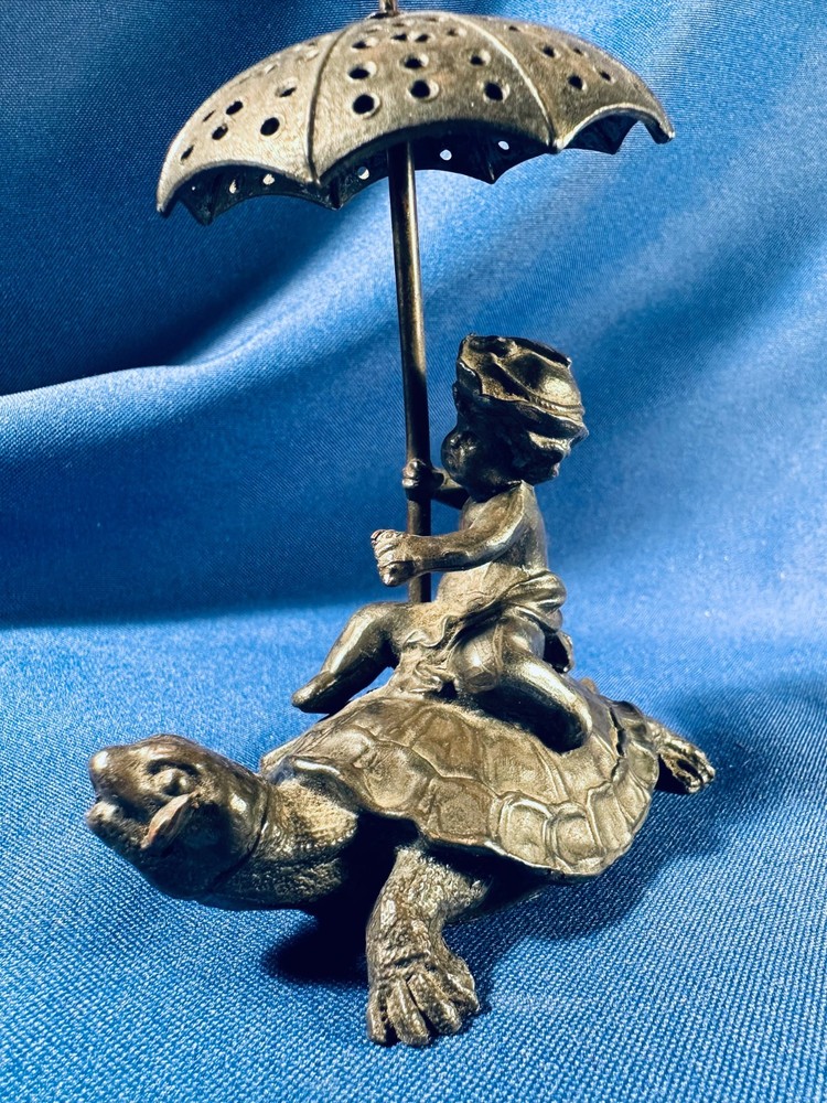 Antique 19th C Pairpoint silver plate figural toothpick holder putti on turtle!