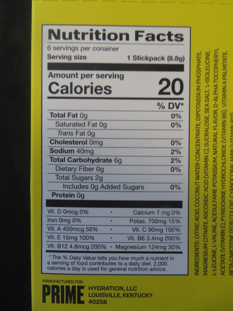 Prime Lemonade Flavored 6 Hydration+ Sticks Packets Zero Sugar Added
