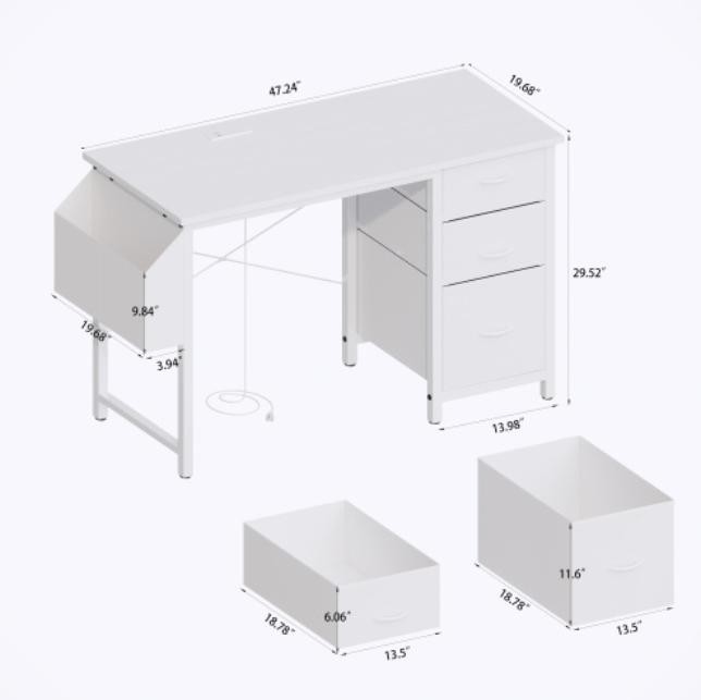 White 47.3" Home Office Desk USB Outlet 3 Storage Drawers Study Game Easy Assemb