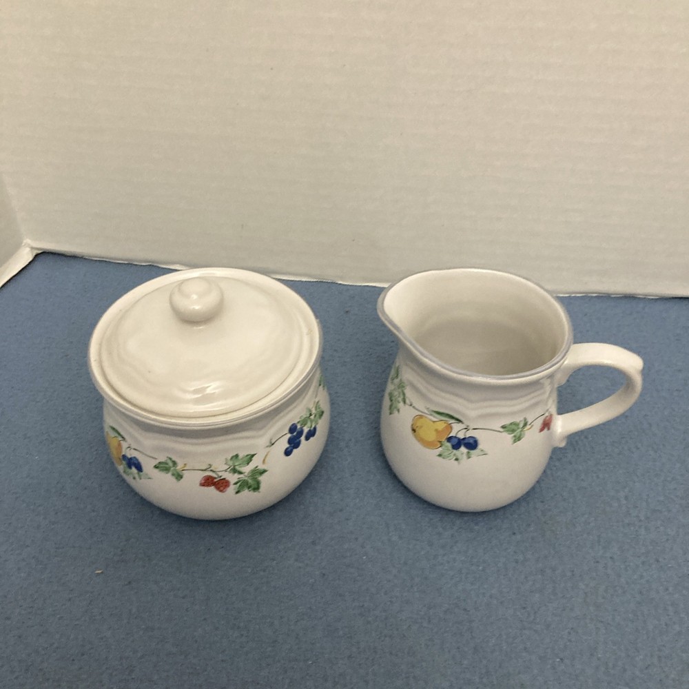 VTG AMG Nanci Genuine Stoneware Multicolor Fruit Patterned Cream & Sugar Set