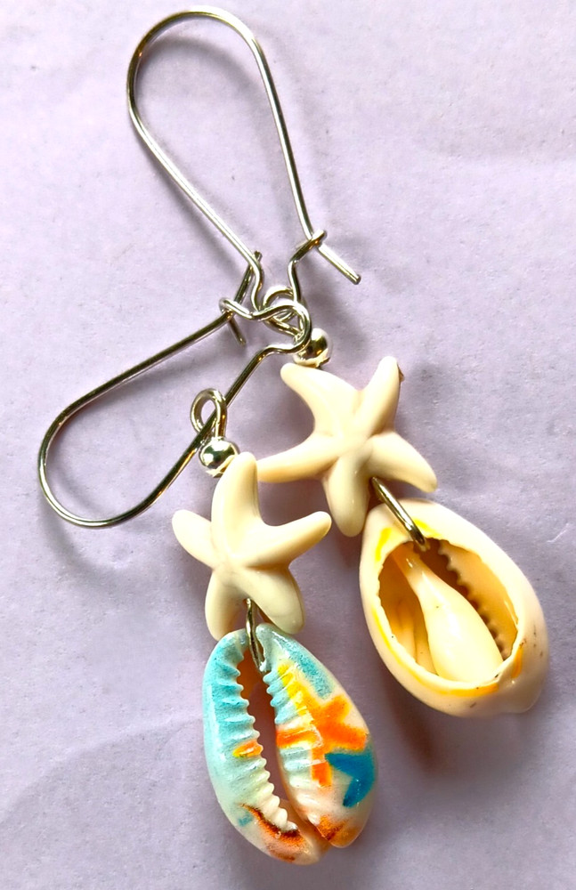 STARFISH Painted COWRIE SHELL dangle earring kidney wire handcrafted #ACTA