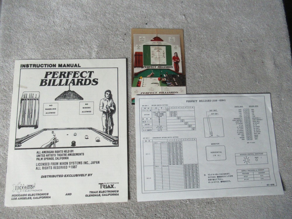 PERFECT BILLARDS    arcade  video game manual