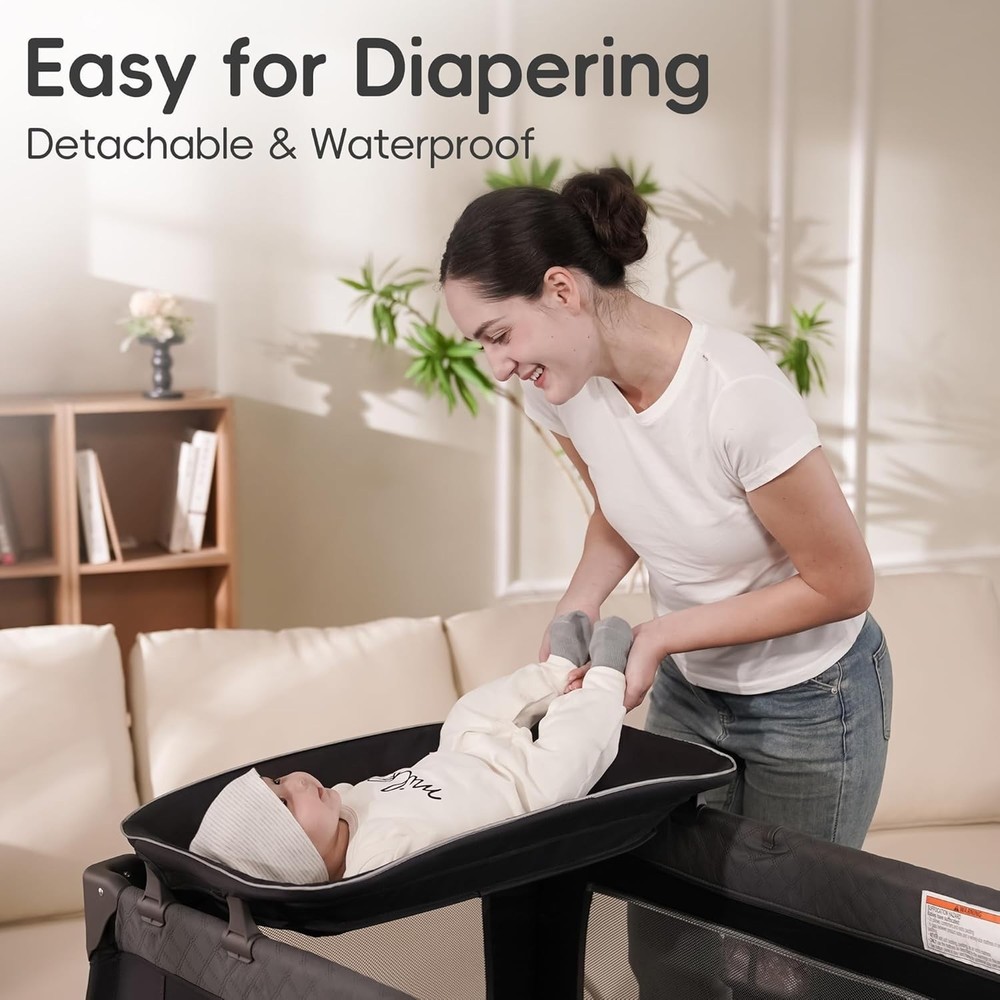 Foldable Playard with Changing Table & Diaper Organizer - For Newborns, Grey