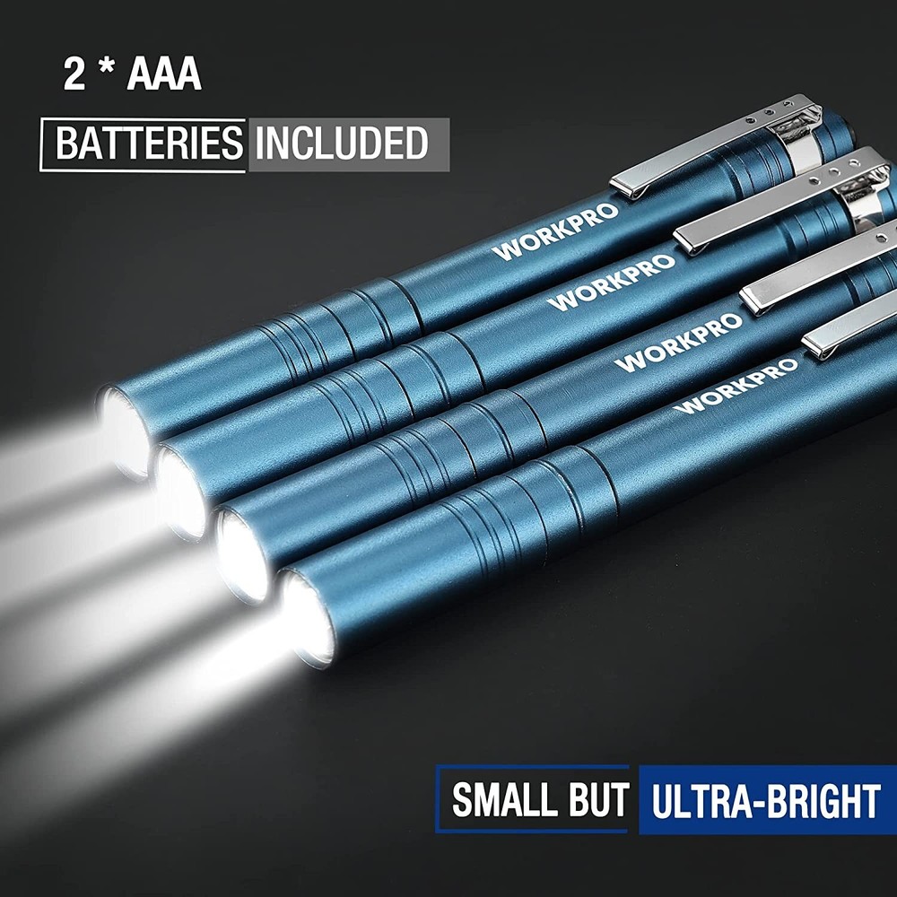 WORKPRO LED Pen Light 4-Pack Aluminum Pocket Light Pen Flashlight 8AAA Batteries