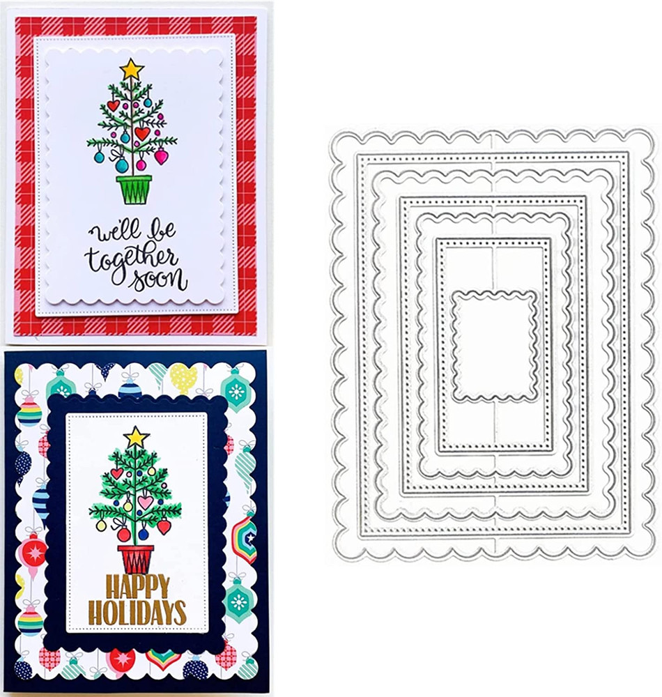 7Pcs/Set Rectangle Frame Metal Die Cuts, Scallops Stitched Nesting Tag Backgroun