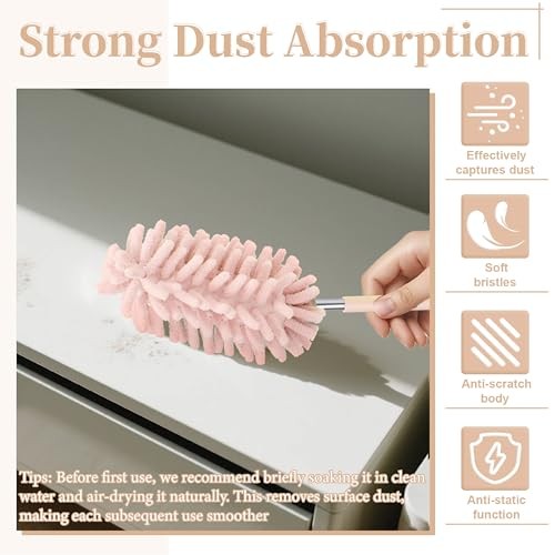 2 PCS Car Interior Duster with Extension Pole, Microfiber Car Duster with Pink