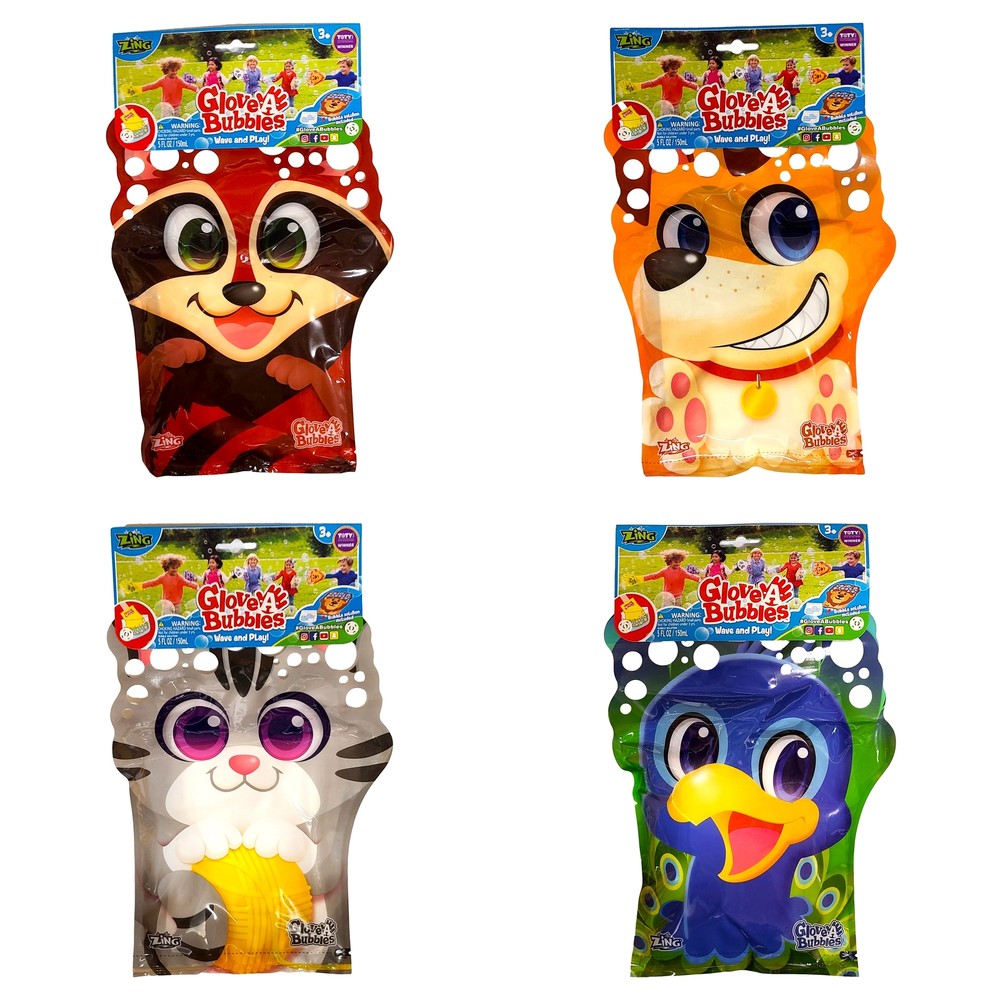 Zing Glove A Bubbles Wave and Play Animal 4 Pack Bubble Maker Toy Peacock Cat