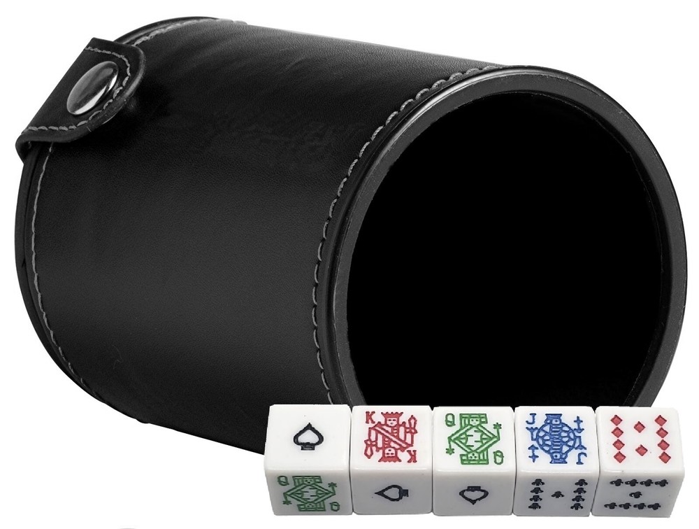 16mm Poker Dice White Colored + PU Leather Dice Cup Compartment Black Felt Lined