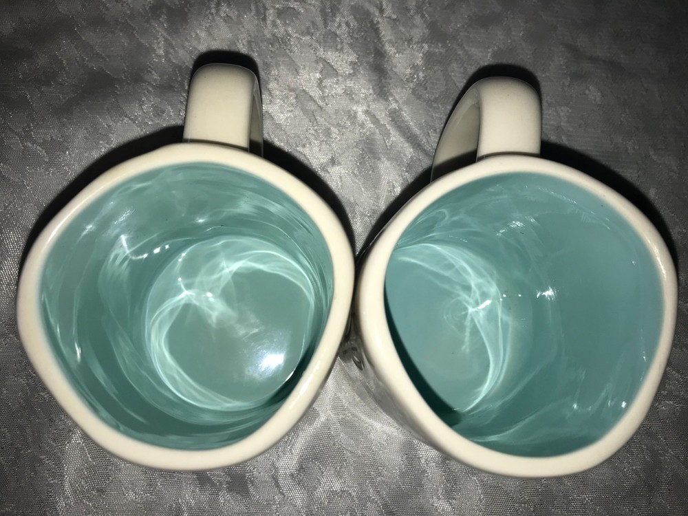 2 Rae Dunn HIP/HOP Easter BUNNY Rabbit BLUE Inside DOUBLE SIDED 16oz MUG Cup 4½"