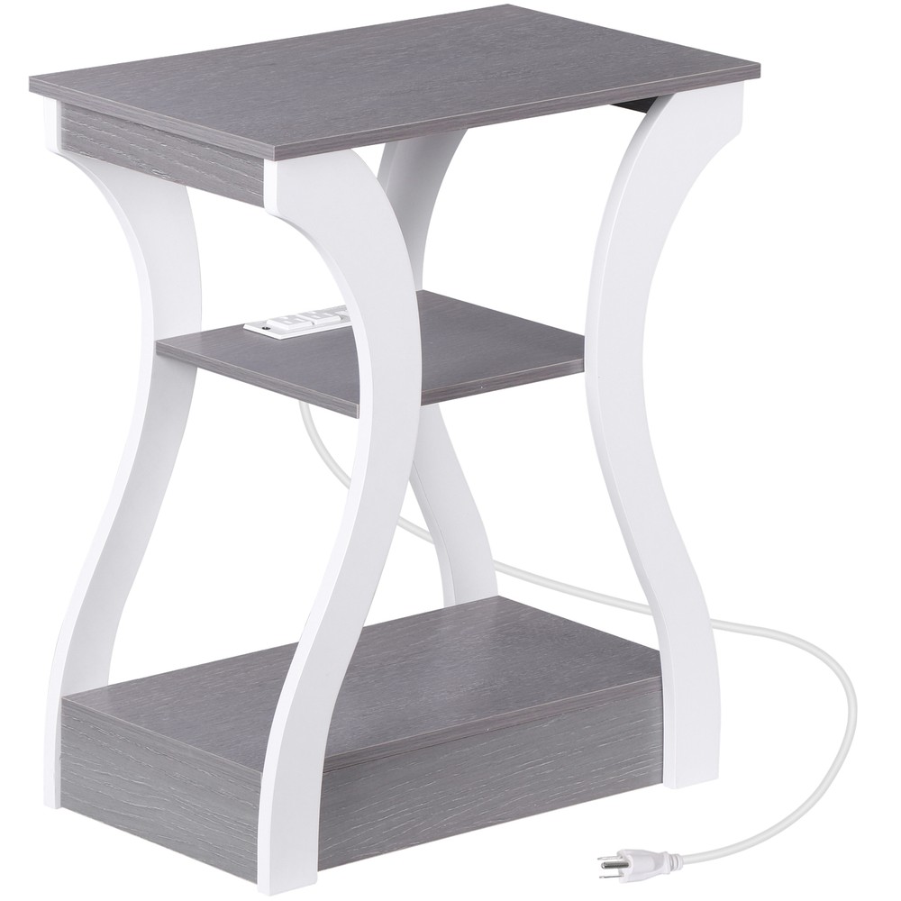 Grey End Tables With Charging Station Three Tier Storage Durable Engineered Wood