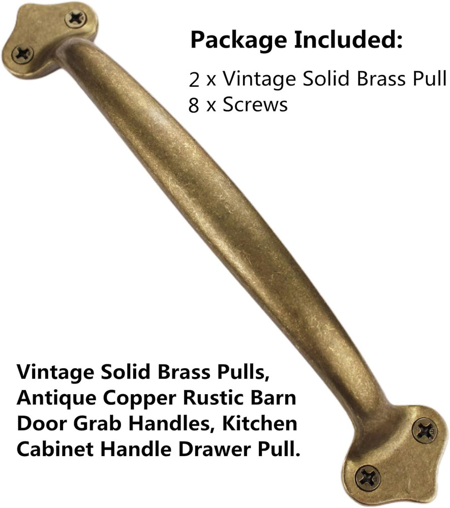 Vintage Solid Brass Pulls, Antique Copper|Rustic Barn Door Grab Handles|Kitchen