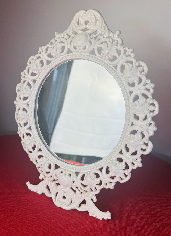 Large Ornate White Cast Iron Vanity Mirror Scroll Frame Tabletop Easel Stand