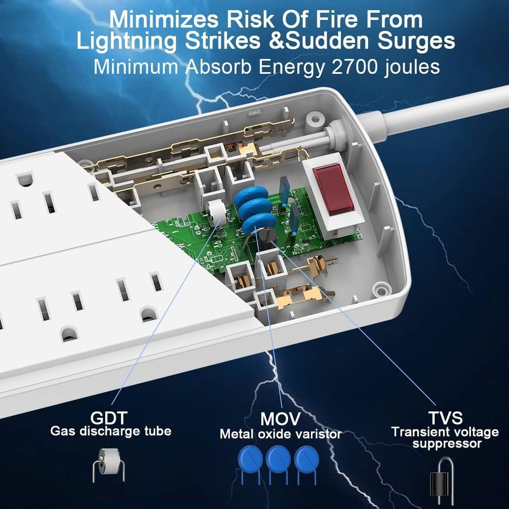 Versatile Surge Protector Power Strip with 8 Outlets & 4 USB, Listed, 10ft