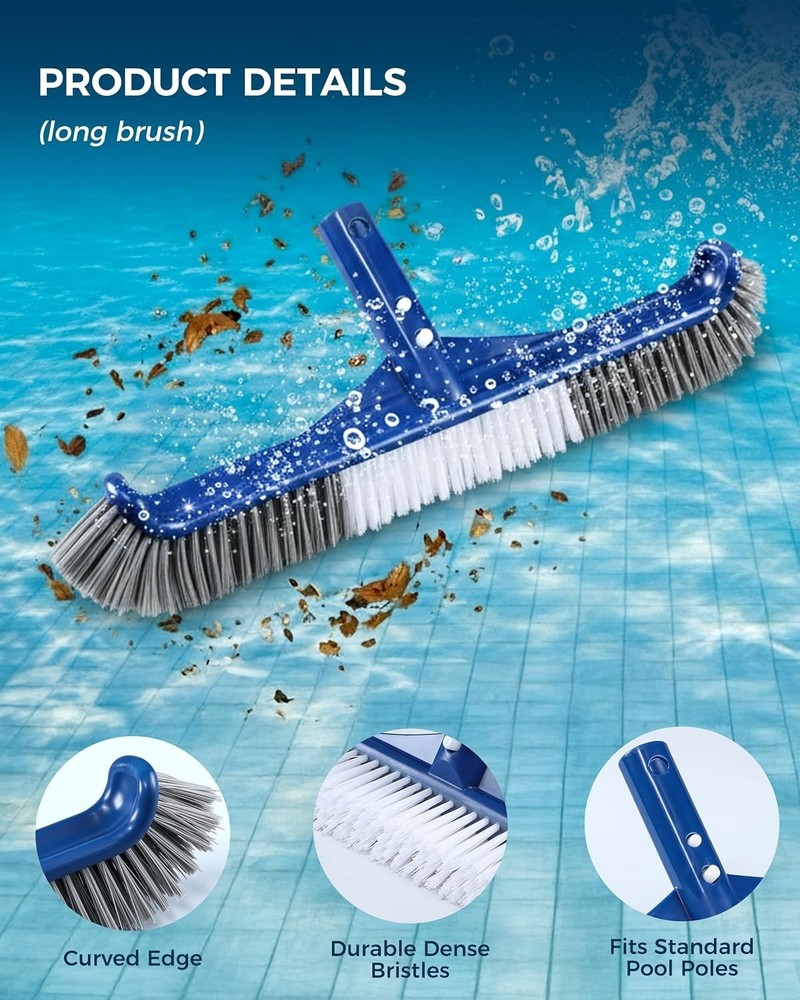 3-in-1 Pool Cleaning Set - 17.5" Long Brush, Rotatable Handheld/Extend Pole, ...