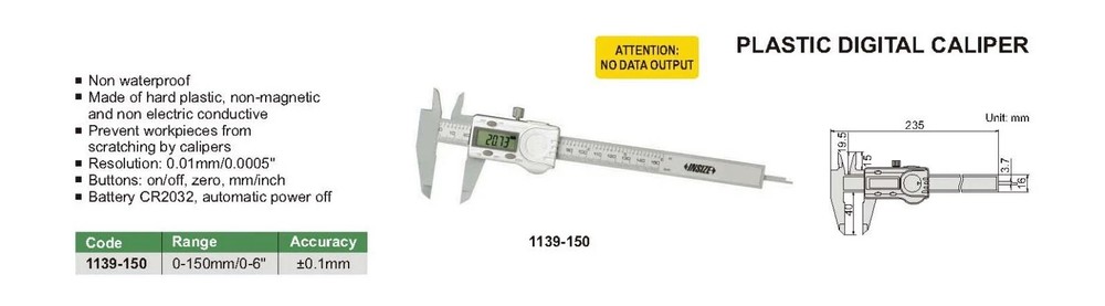 Insize 1139-150 Plastic Digital Caliper Range 0-150mm/0-6"