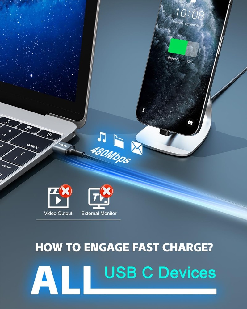 USB to C Cable 3.3ft, 60W A C Fast Charging Black&Grey