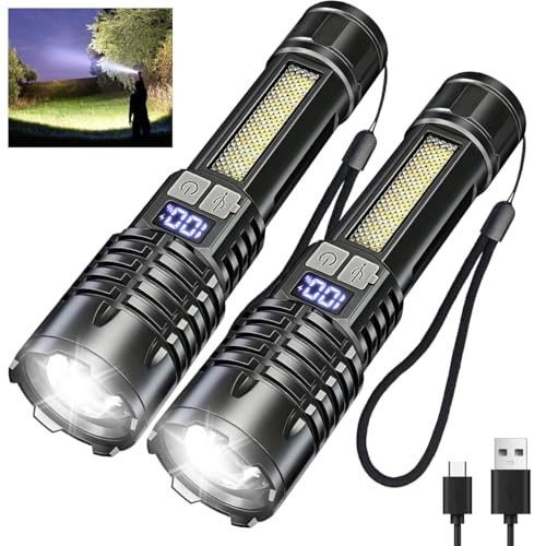 Rechargeable Flashlights 2 Pack with Side Light & Digital Power Display, Black