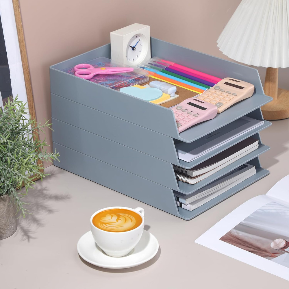 4 Pcs Stackable Paper Trays Rectangular Plastic Desk Holder Desktop Document Fil