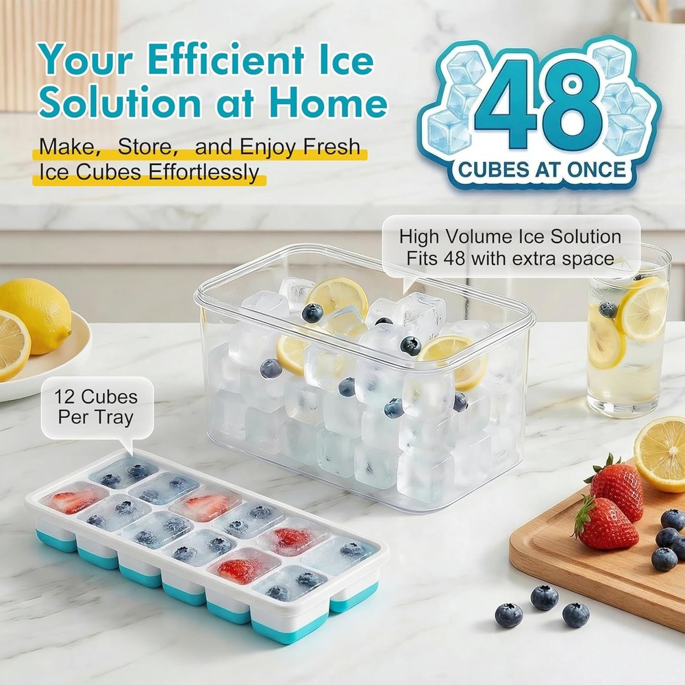 Ice Cube Tray with Lid & Bin - 4 Pack 48 Cubes Stackable Silicone Trays NEW US