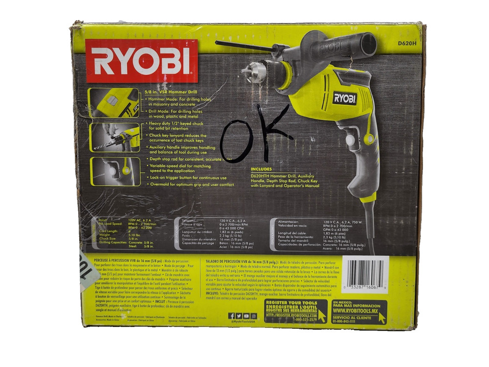 RYOBI D620H 6.2 Amp Corded 5/8 in. Variable Speed Hammer Drill