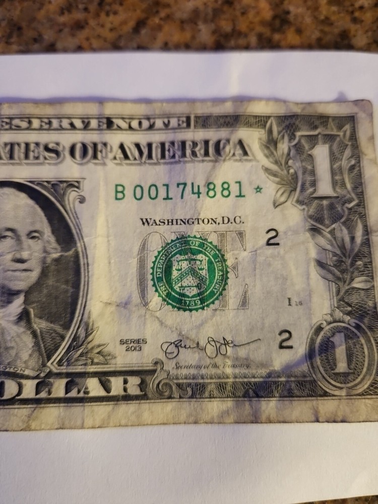 Rare 2013 $1 bill With Serial Number star B Note