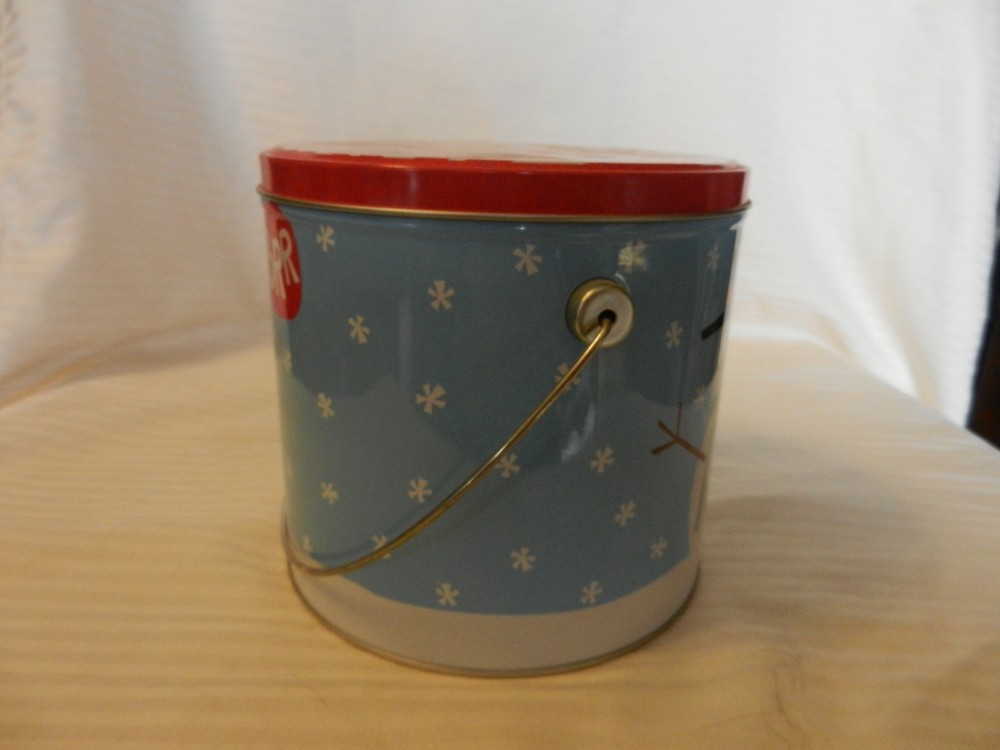 Decorative Round Metal Tin Multi-colored Snowman BRR With Handle