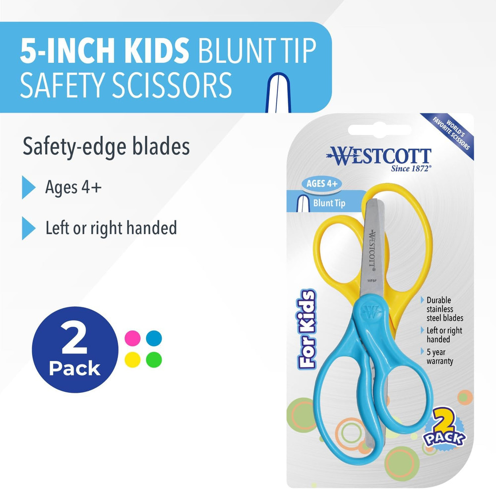 5" Hard Handle Kids Scissors, Blunt, Assorted Colors, 2-Pack