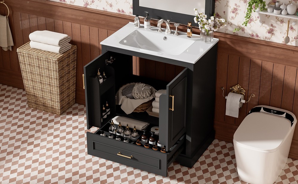 30" Bathroom Vanity w/ Sink, Black, Soft-Close Doors & Drawer, Solid Wood+MDF