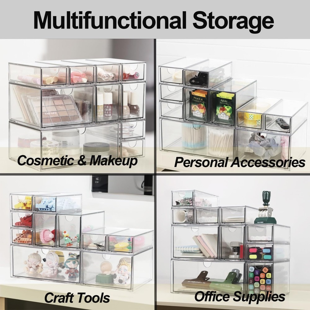 Acrylic Makeup Organizer, 10 Drawers Clear Storage Organizer Desktop Stackabl...