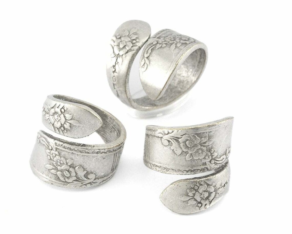 Spoon Wrap Ring Flower Adjustable Antique Silver Plated Brass 7us 4061