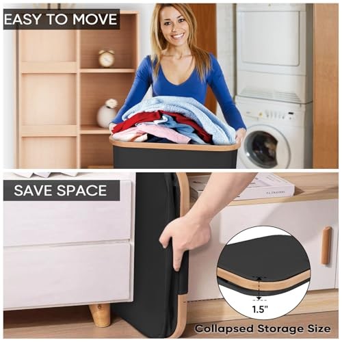 Laundry Hamper with Lid, Tall Laundry Baskets with Bamboo Pull 70 liters Black