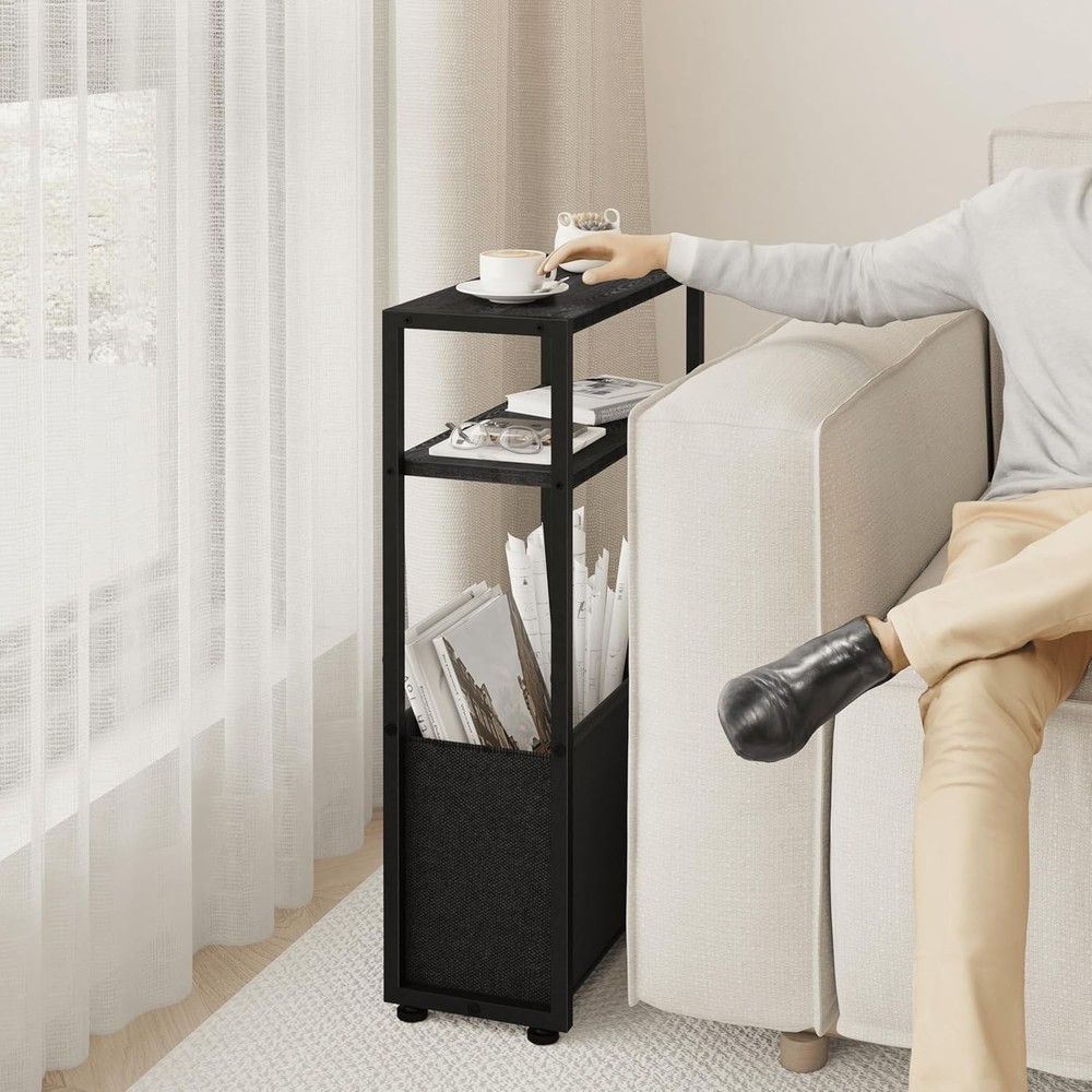 Black Side Table, Slim Side Table with Magazine Rack, Bathroom Table