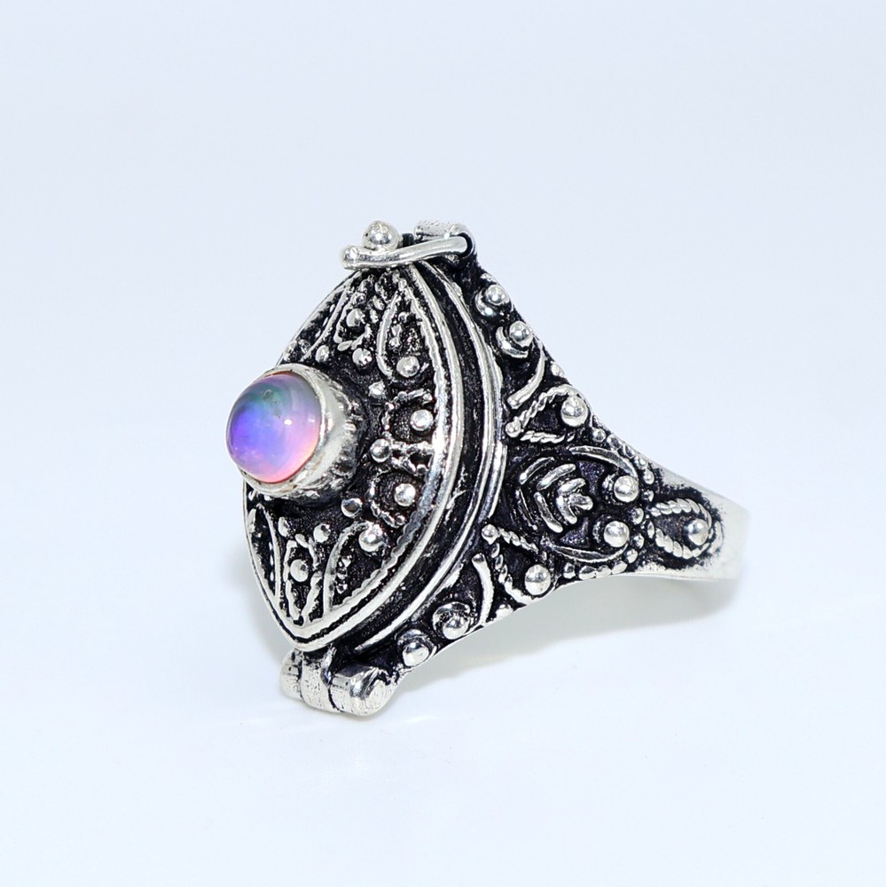 Aurora Opal Stone Poison Ring, 925 Silver Platted, Marquise Shape Ring