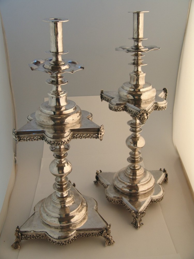Spanish Colonial Silver Altar Candlesticks Baroque Figural 1700