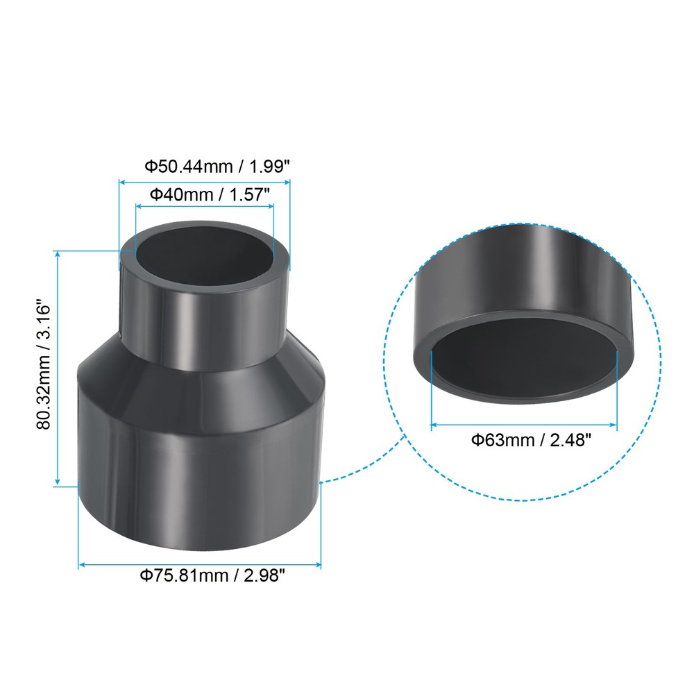 3pcs PVC Reducer Pipe Fitting 2.5x1.6" Socket Coupling Adapter Connector, Grey