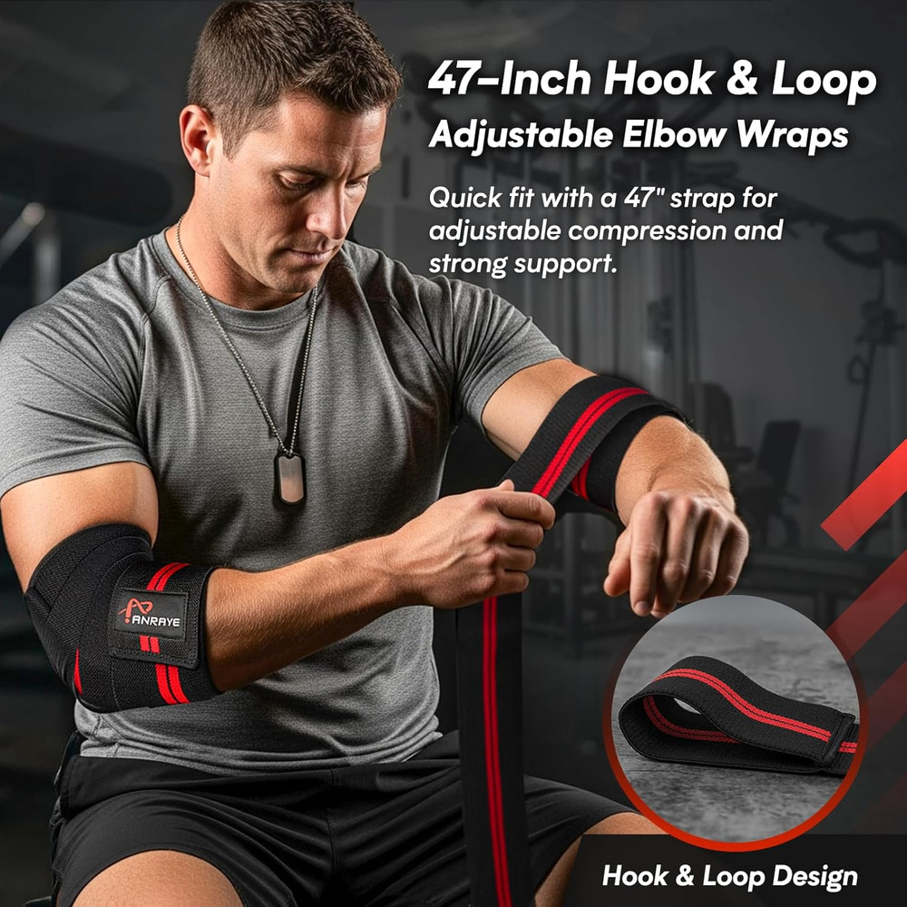 Anraye Elbow Wraps for Weightlifting - 47" Adjustable Compression Straps & Brace