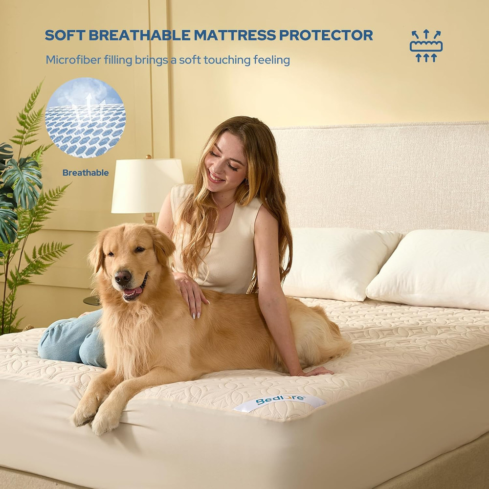 Full Waterproof Mattress Protector Soft Breathable Deep Pocket 6"-15" Beige