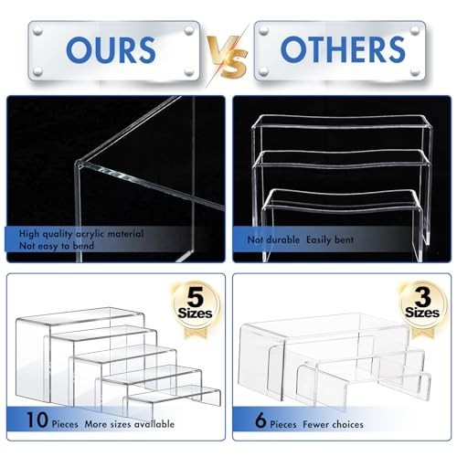 Large Acrylic Display Risers Set of 10 - Clear Rectangular Shelves for Cupcakes
