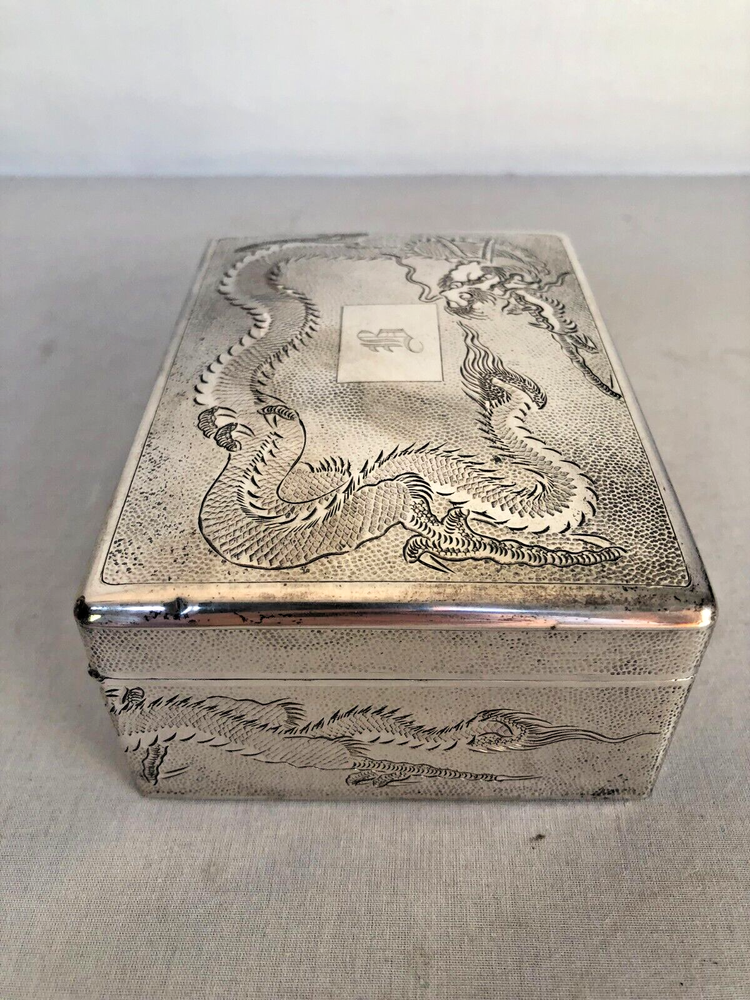 Antique Signed Chinese Sterling Silver Hand Engraved with Dragons Hinged Box.