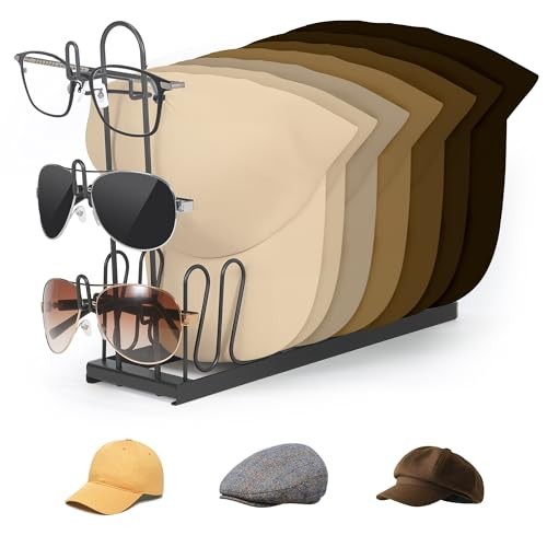 Hat & Sunglasses Organizer Rack, Foldable Storage Stand for 8 Baseball Caps &