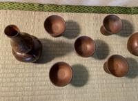 Bizen ware sake set, 2 sake bottles, 5 choko cups, same box