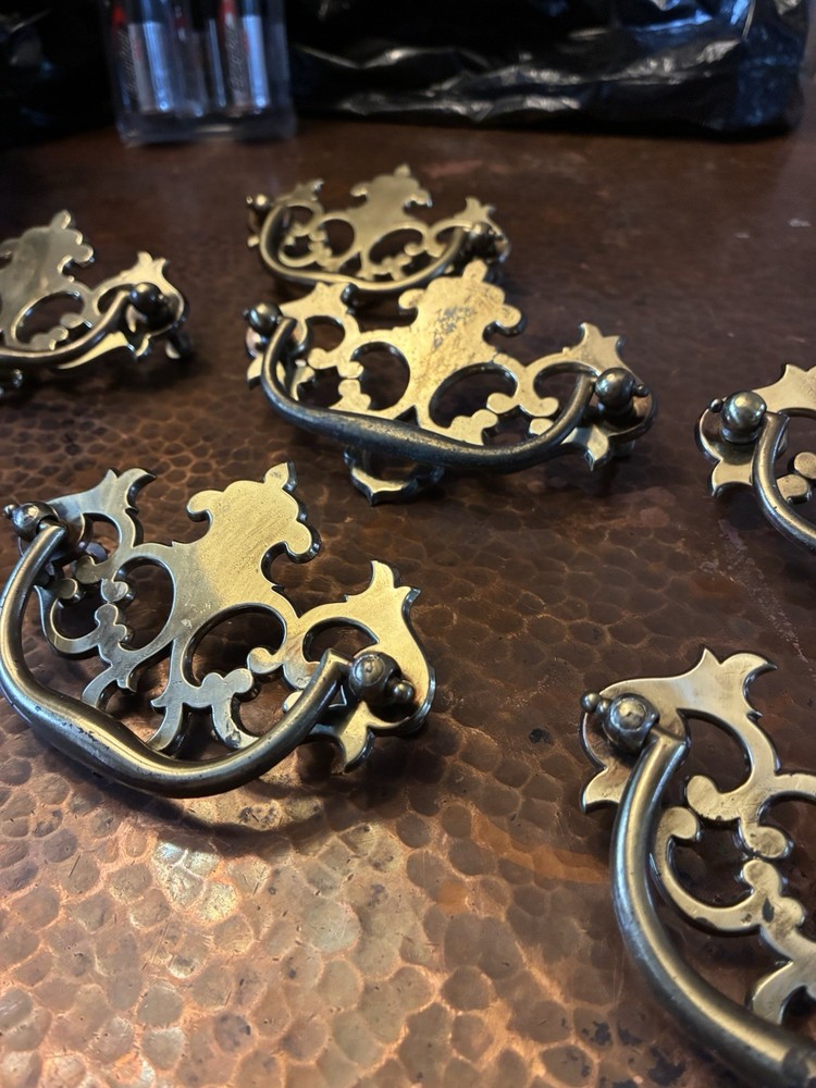 Fancy Drexel Chippendale Solid Brass Drawer Pulls Set 10 Bat Wing 4 3/4”w