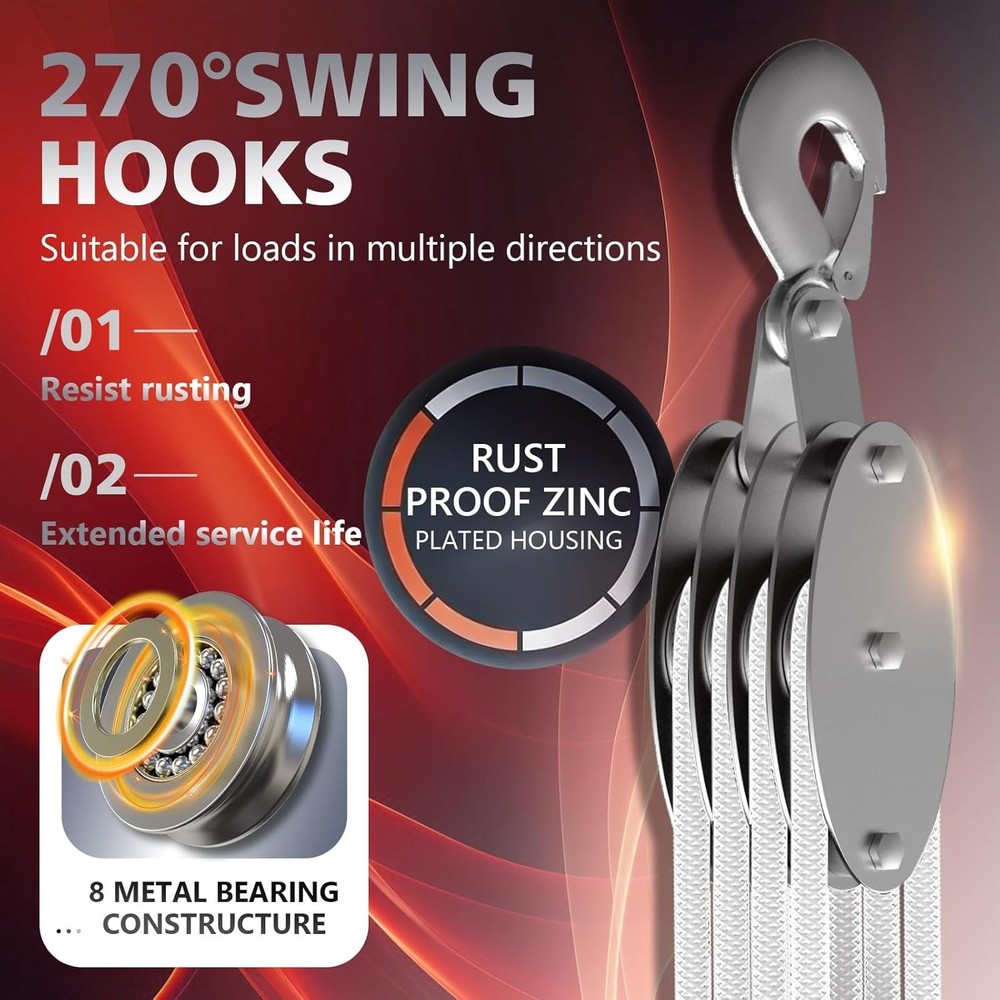 8:1 Pulley Block and Tackle System, Pulley Block 2200LB Loading Capacity, 65f...