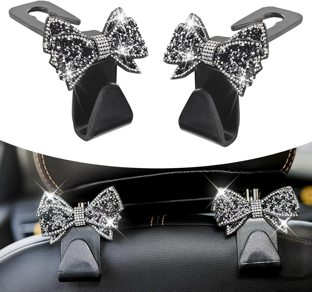 2 PCS Black Crystal Rhinestone Bow S Type Car Headrest Hooks