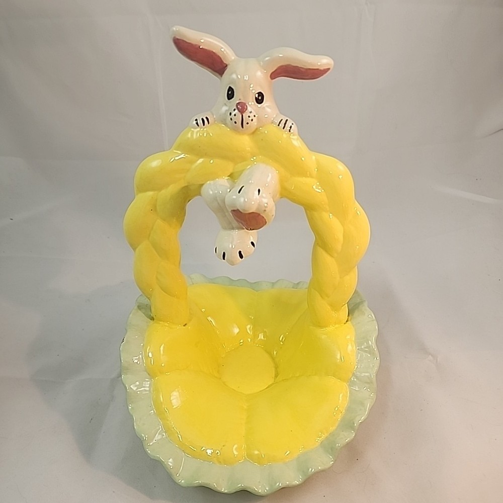 Vintage Hand Painted Ceramic  Easter Basket With White Bunny Candy Dish