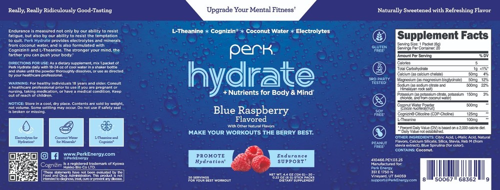 Perk Hydrate Electrolyte Stickpacks Blue Raspberry Flavored (20 Packets)